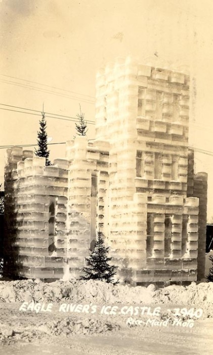 An old photo of an ice castle.
