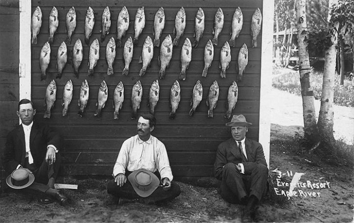 Three men sitting in front of a wall with fish on it.