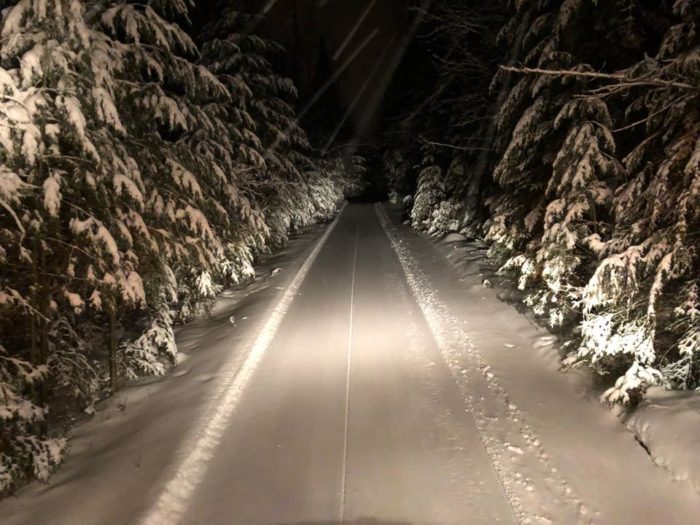 A snow covered road in the woods at night.