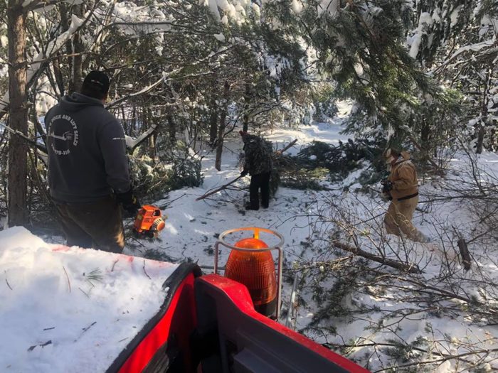 A group of people working in the snow in a wooded area.