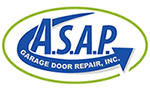 Logo of ASAP Garage Door Repair, Inc. with "A.S.A.P" in bold blue letters, surrounded by a green oval and an arrow pointing right, symbolizing quick and reliable garage door services.