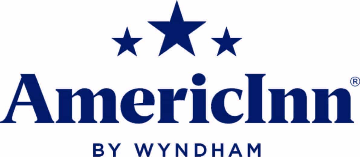 Logo of the AmericInn Motel by Wyndham, featuring the brand name in blue with three stars above the lettering.