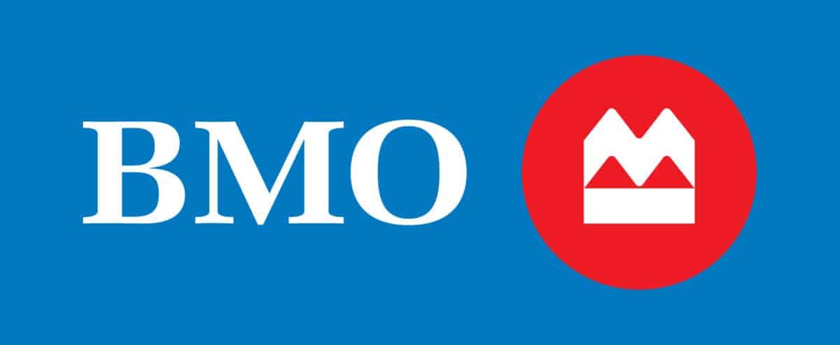 BMO logo featuring white "BMO" text next to a red circle with a stylized white mountain inside, on a blue background.