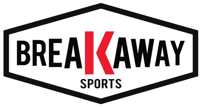 Logo with hexagonal shape, black border, and text: "BREAKAWAY SPORTS." The letter "K" is in red, other letters in black.