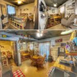 A collage of three images shows a cozy resort cabin interior with a bedroom, living area, dining table, and kitchen, all decorated in a rustic style with wood paneling and outdoor-themed decor.