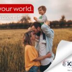 A family stands in a field at sunset, with a man holding a child on his shoulders and embracing a woman, symbolizing the protection that insurance brings. Klinner Insurance logo and slogan appear in the corner.
