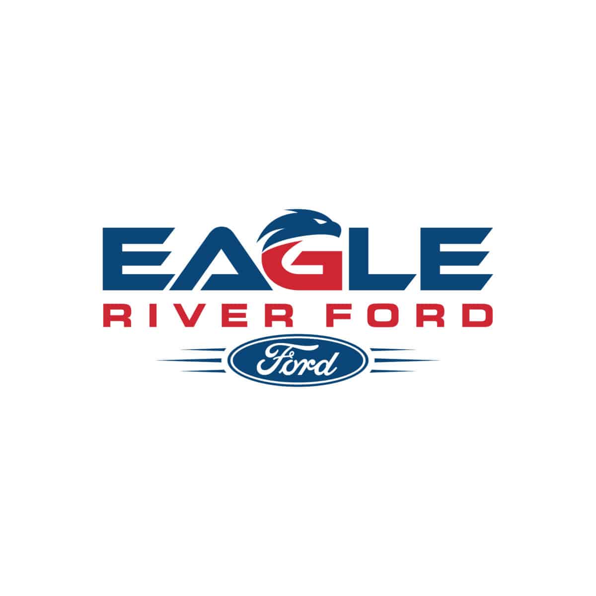 Logo for Eagle River Ford dealership featuring bold blue and red text with an eagle head integrated into the letter "G" and the Ford emblem below.