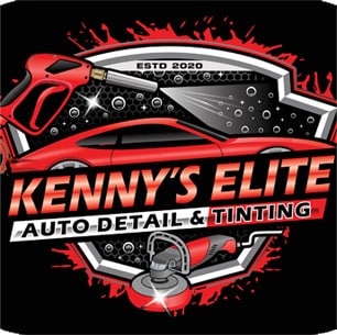 Logo for "kenny's elite auto detail & tinting," featuring a stylized red and black graphic of a car with detailing tools.