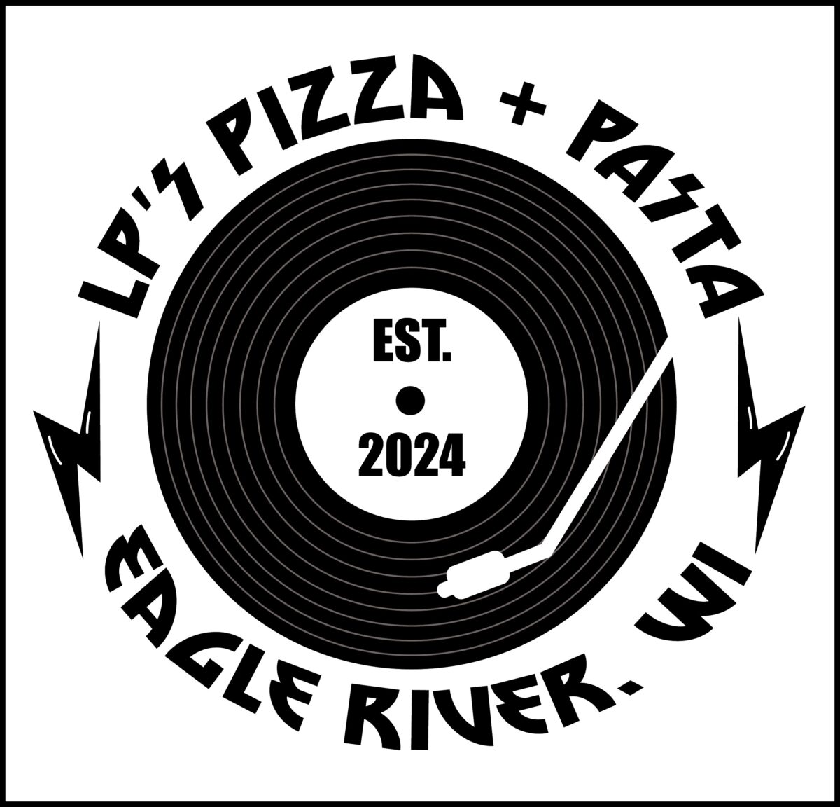 Black and white logo for LP's Pizza + Pasta restaurant in Eagle River, WI, featuring a vinyl record with a tonearm and "Est. 2024".