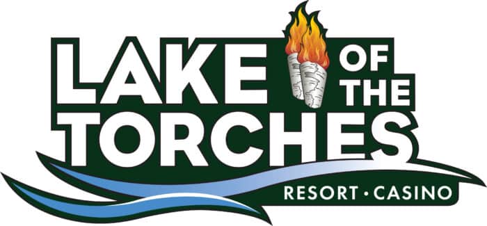 Lake of the Torches Resort Casino logo with a flaming torch and blue waves below the text.