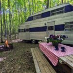 A vintage camper trailer is parked in a forest, offering a cozy glamping escape. Nearby, a picnic table with a red checkered cloth, flowers, and mugs invites you to relax by the campfire burning in a fire ring.