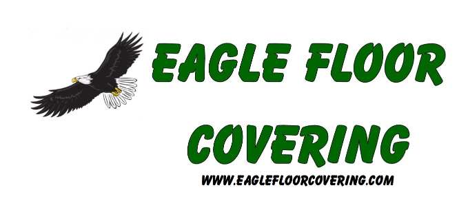 A flying eagle soars next to the green "Eagle Floor Covering" text and website "www.eaglefloorcovering.com" below, highlighting quality floor solutions.