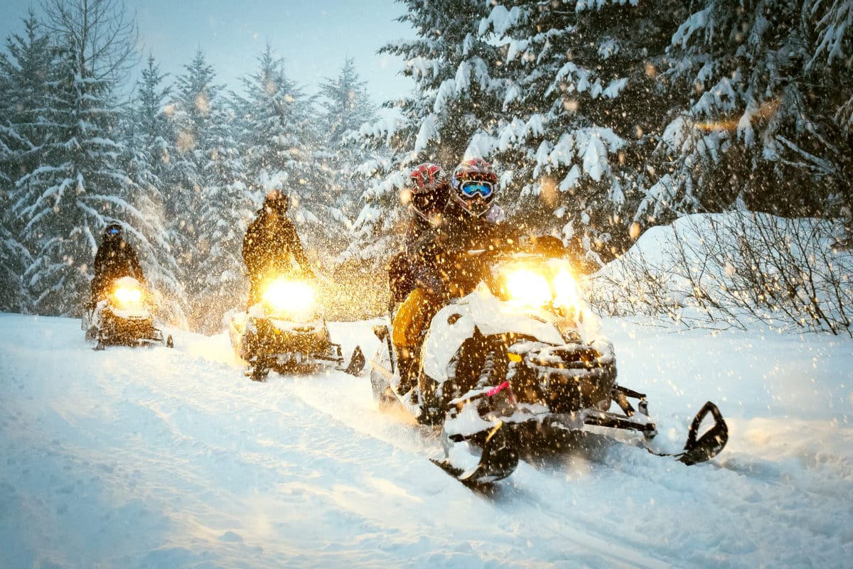 Snow mobile in blizzard through the woods and forest