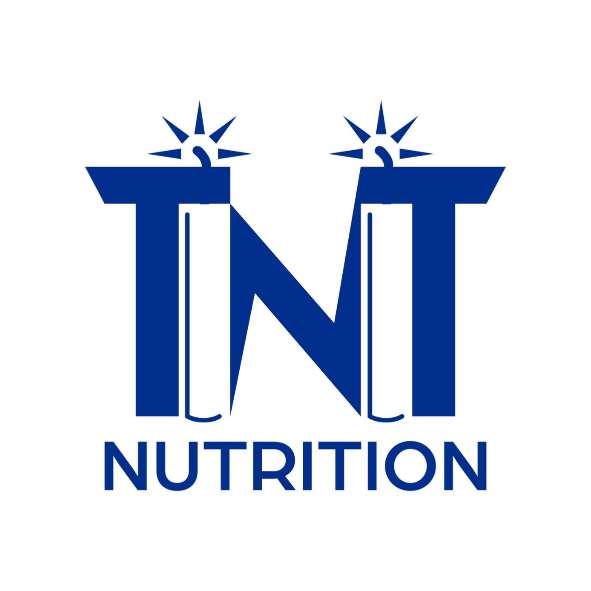 Blue "TNT Nutrition" logo with stylized "TNT" lettering resembling pillars, each pillar topped with a spark or star symbol, on a white background.