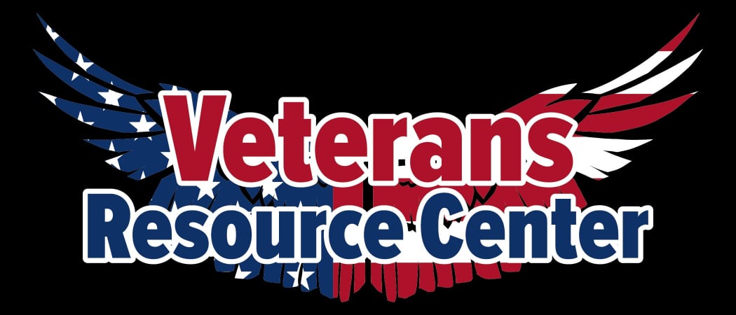 Logo for the Veterans Resource Center featuring stylized, outspread wings with an American flag pattern behind the text.