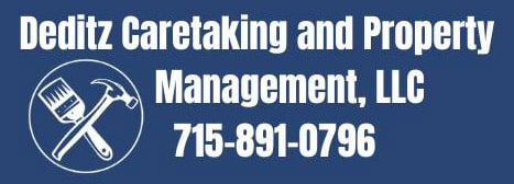 Logo for Deditz Caretaking and Property Management, LLC, with a paintbrush and hammer icon and phone number 715-891-0796 on a blue background.