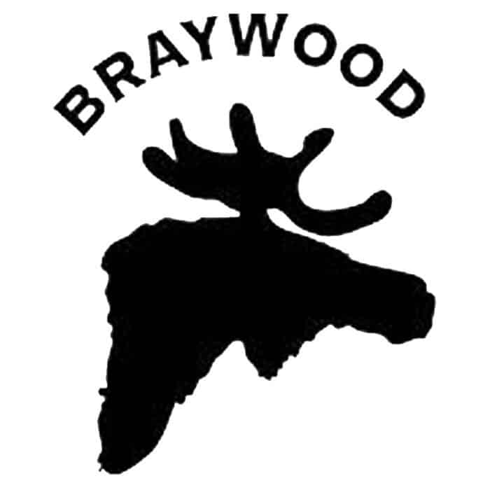 Black silhouette of a moose head facing right with the word "BRAYWOOD" arched above it in uppercase letters.