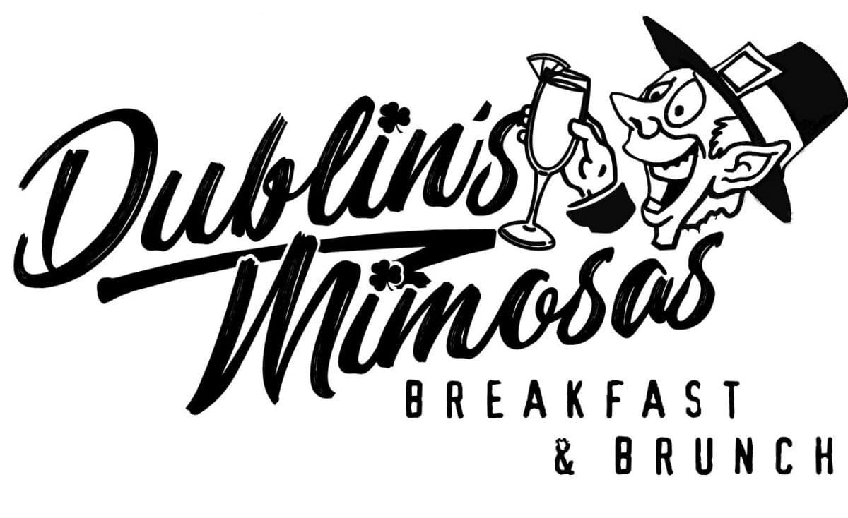 Stylized text logo reading "Dublin's Mimosas Breakfast & Brunch" with a cartoon leprechaun holding a mimosa glass.