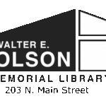 Logo for Walter E. Olson Memorial Library at 203 N. Main Street, featuring a stylized building graphic that captures the spirit of the library.