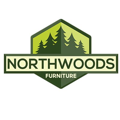 northwoods_final Logo of "Northwoods Furniture" furniture store featuring stylized evergreen trees in shades of green within a hexagonal shape.