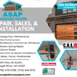 ASAP Garage Door services flyer listing repair and installation options, contact information, address, and partner brands C.H.I., LiftMaster, and Haas Door.