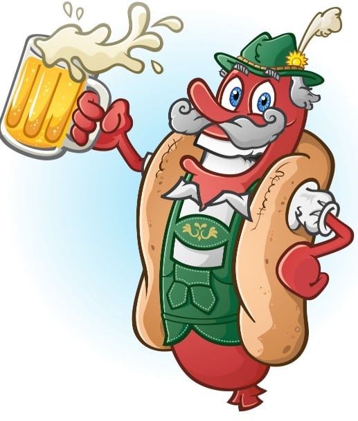 Cartoon sausage character wearing lederhosen and a traditional hat, holding a frothy beer mug, smiling with a bratwurst bun.