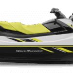 Side view of a Yamaha WaveRunner VX personal watercraft featuring a white, black, and yellow color scheme with a yellow seat—perfect for your next boat rental adventure.