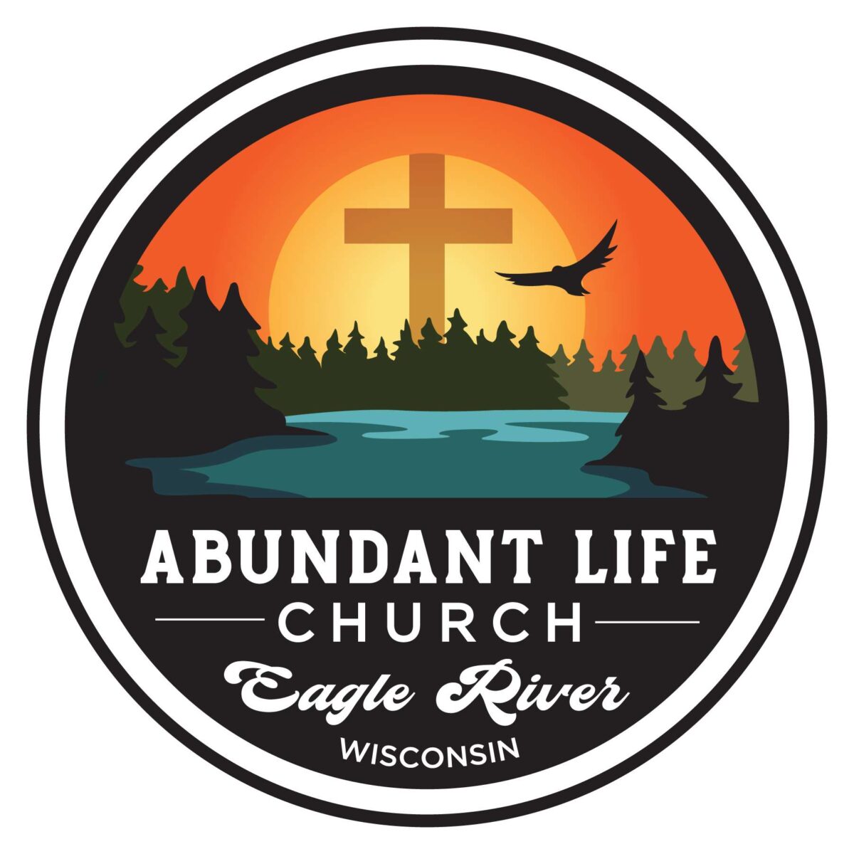 Logo for Abundant Life Church in Eagle River, Wisconsin, featuring a cross, flying bird, lake, trees, and a sunset in the background—perfect for representing a welcoming church community.