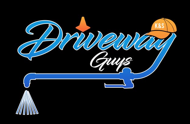 A logo for "Driveway Guys" featuring the text in blue, a traffic cone and orange cap with "K&S," and an illustration of a spray wand with water jets on freshly laid asphalt, all set against a black background.