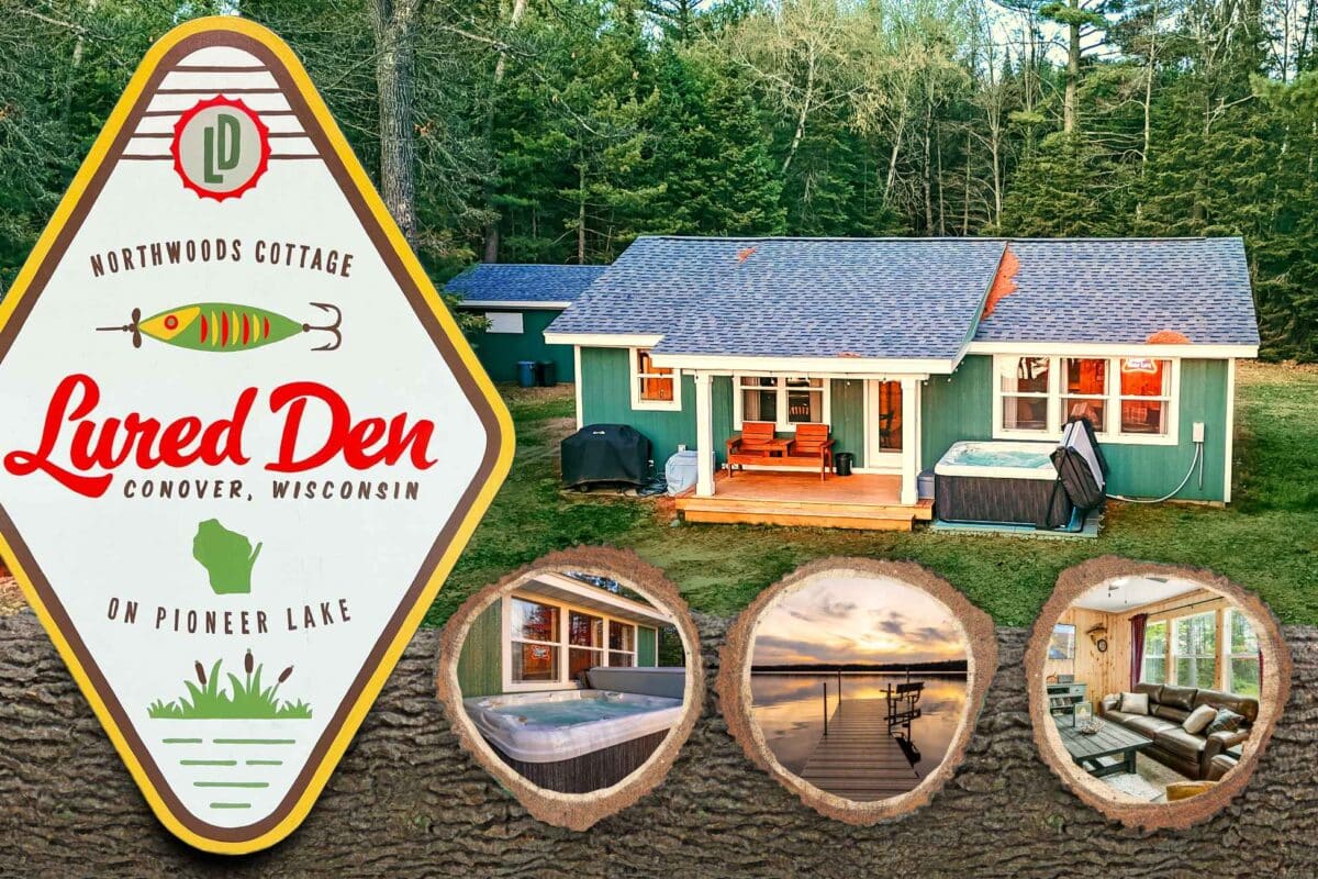 1_COVER_PHOTO_HOTTUB Exterior view of a small green cottage with white trim, a hot tub, and a deck in a wooded area. Inset images show interior and a lake. Sign reads "Lured Den, Conover, Wisconsin, Northwoods Cottage.
