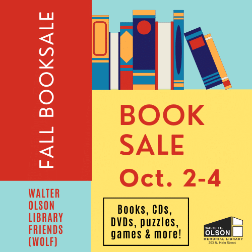 Promotional flyer for the Walter Olson Library’s fall book sale, Oct. 2-4, featuring books, CDs, DVDs, puzzles, games, and more. Bold text and illustrated books are shown.