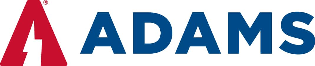 Red triangular "A" logo followed by the word "ADAMS" in blue capital letters.