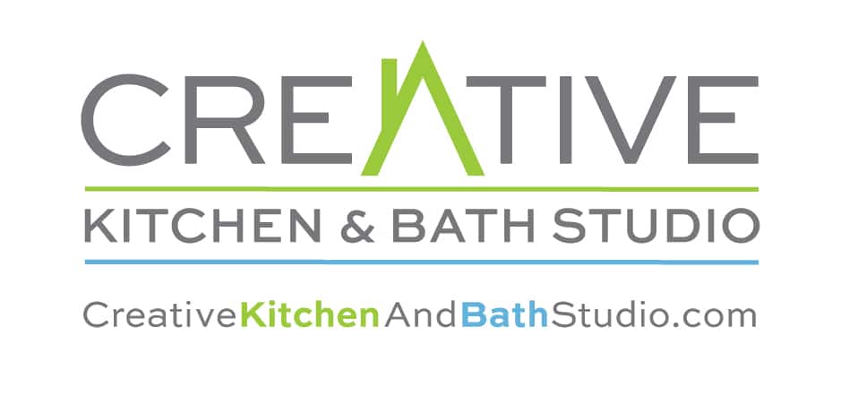 Logo for Creative Kitchen & Bath Studio, featuring a stylized green "A" in "CREATIVE," highlights kitchen design expertise. Website address creativekitchenandbathstudio.com appears below.