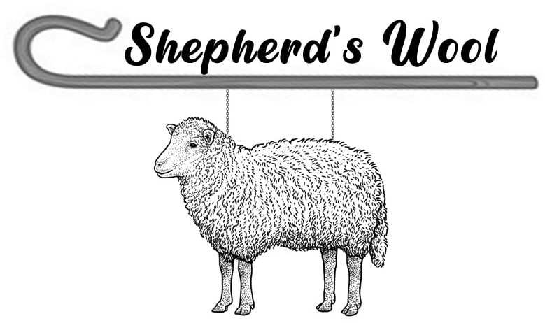 Illustration of a sheep hanging from a hook with the text "shepherd's fabric" above it.