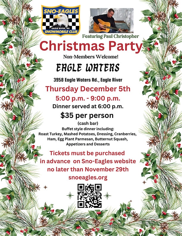 Flyer for the Sno-Eagles Christmas Party on December 5th, 5-9 p.m. at Eagle Waters. Includes dinner, live music, and ticket info.