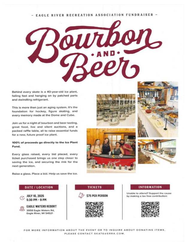 Fundraiser flyer for Bourbon and Beer event with event details, description of the fundraiser, and photos of drinks, food, and people socializing.