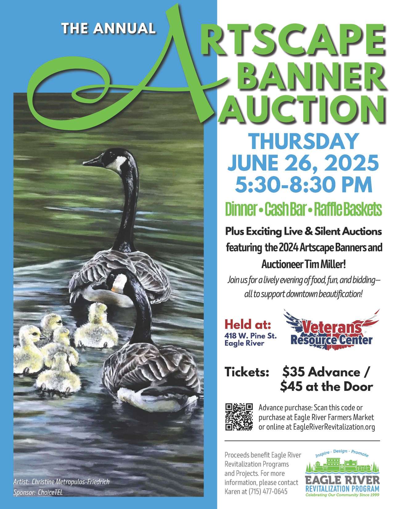2025 Artscape Auction flyer Promotional poster for the Artscape Banner Auction on June 26, 2025, in Eagle River, featuring event details, pricing, and an illustration of ducks on water.