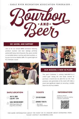 Bourbon and beer Fundraiser event flyer titled "Bourbon and Beer" with event details, photos of people at past events, and information about tickets and supporting a new ice plant project.