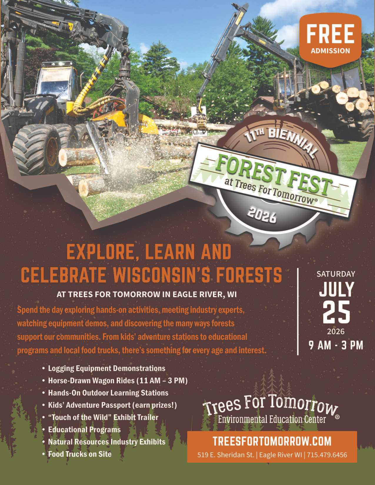 Flyer for the 11th Biennial Forest Fest, held July 25, 2026, in Eagle River, WI, featuring family activities, industry exhibits, and education about Wisconsin forests.