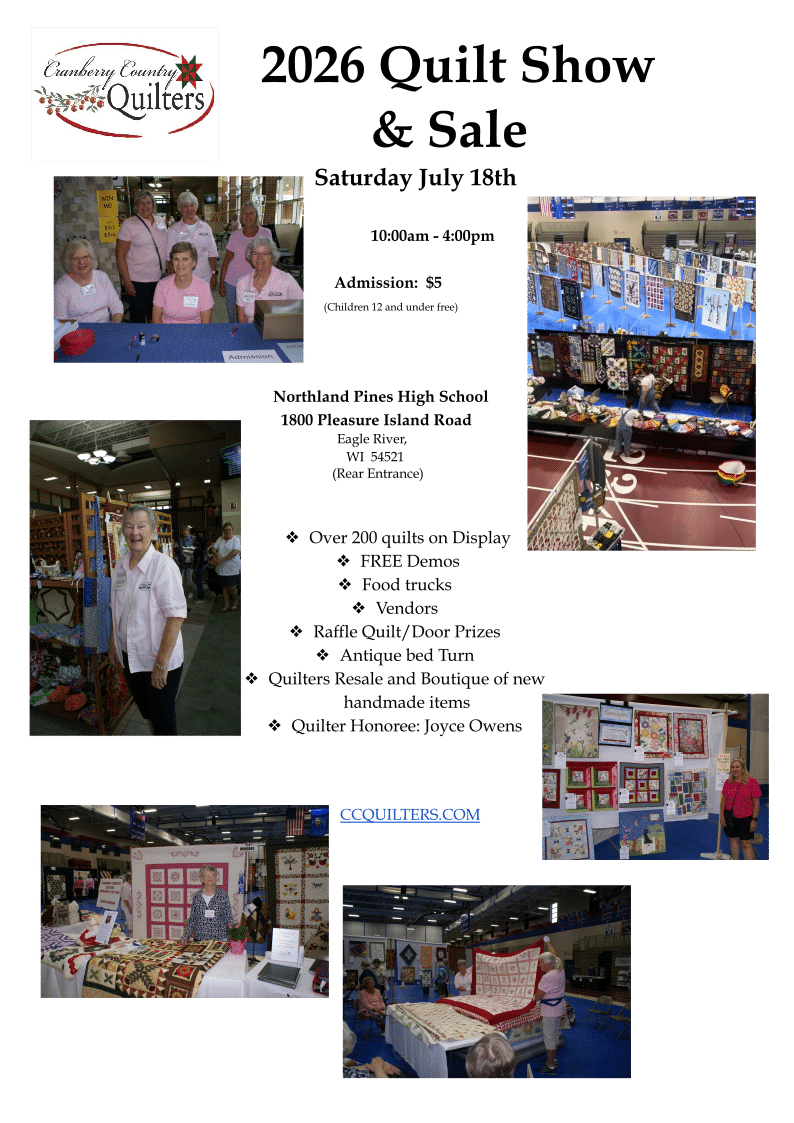 Flyer advertising the 2026 Cranberry Country Quilters Quilt Show & Sale with event details, featured activities, and photos of quilts and attendees.