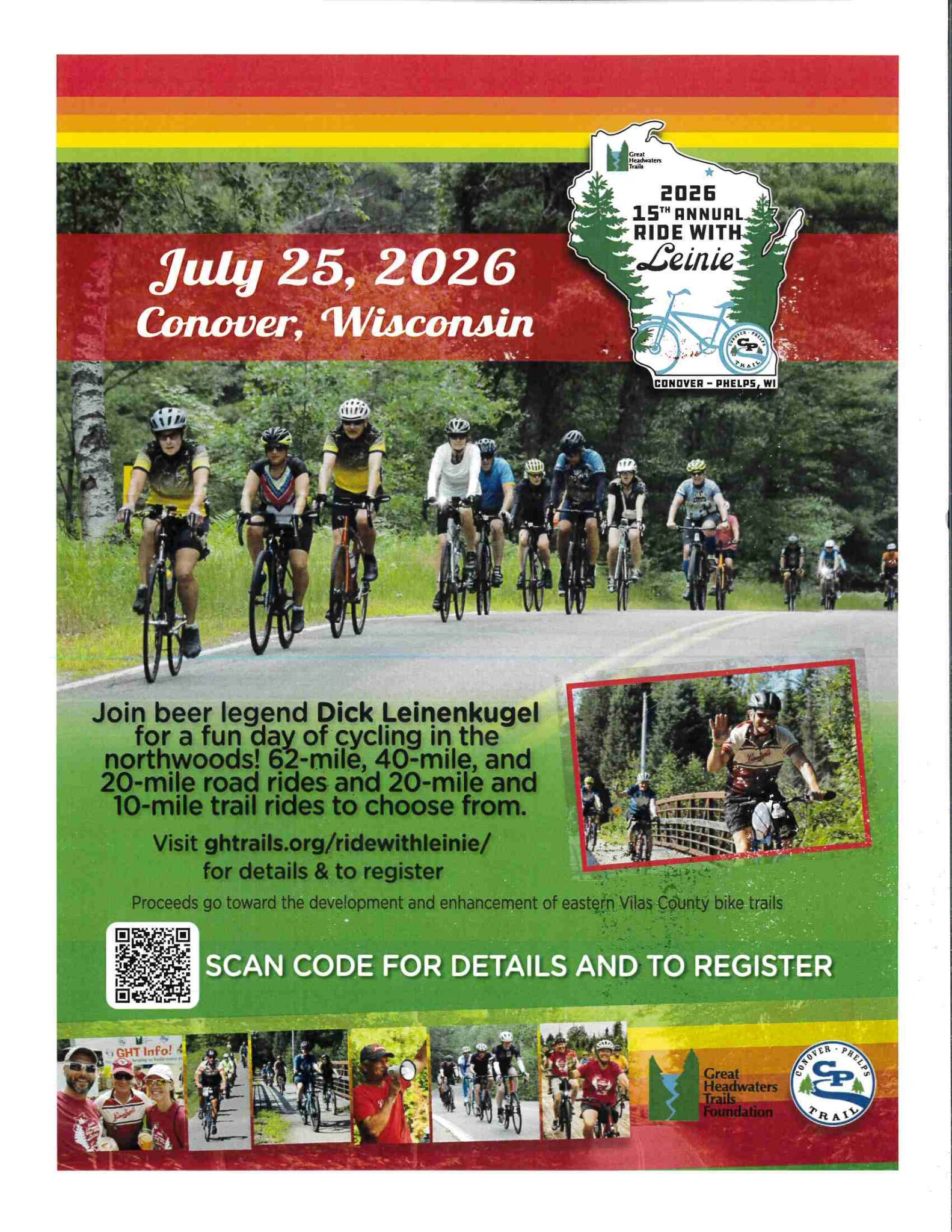 ride with Leine Cyclists ride on a wooded road; text promotes the 2026 Ride with Leinie event on July 25 in Conover, Wisconsin, offering multiple route options and registration details.