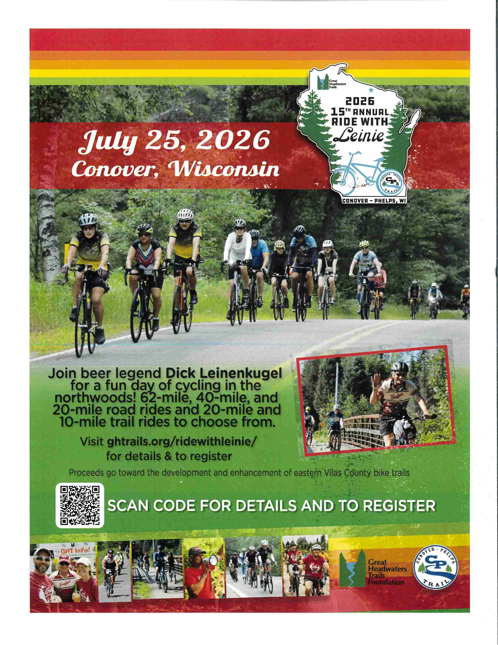 Cyclists ride on a wooded road; text promotes the 2026 Ride with Leinie event on July 25 in Conover, Wisconsin, offering multiple route options and registration details.