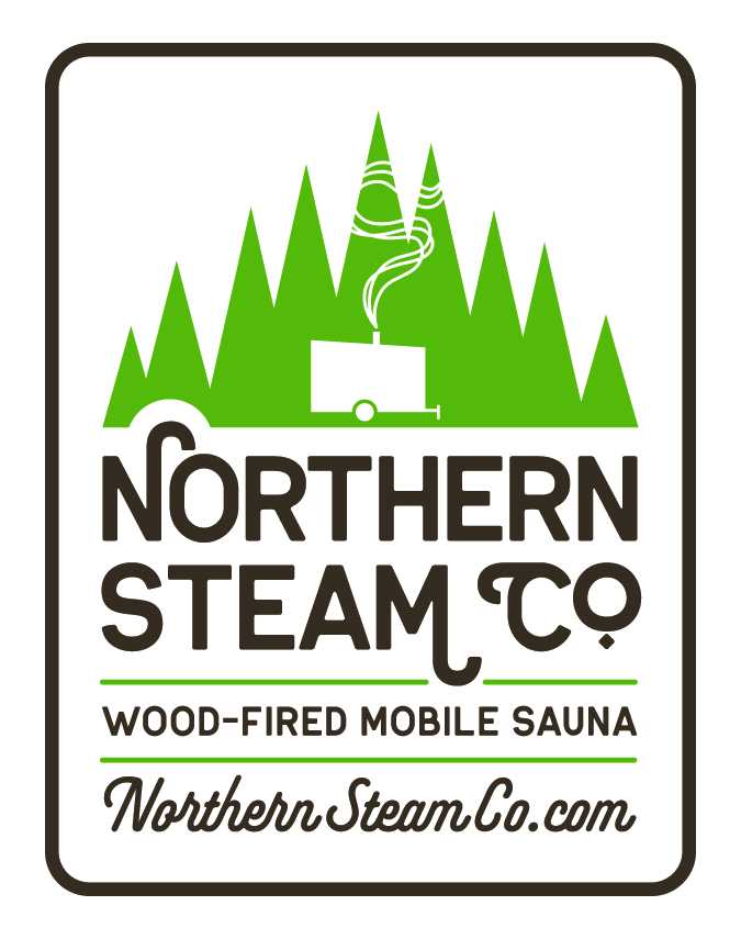 Logo of Northern Steam Co. featuring a graphic of a sauna with smoke in front of green pine trees. Text reads "Wood-Fired Mobile Sauna" and the website "NorthernSteamCo.com".