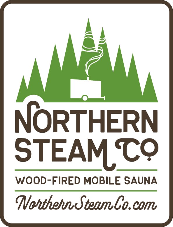 Logo of Northern Steam Co., featuring a wood-fired mobile sauna cartoon image against a backdrop of green pine trees. Text reads "Northern Steam Co. Wood-fired Mobile Sauna, NorthernSteamCo.com".