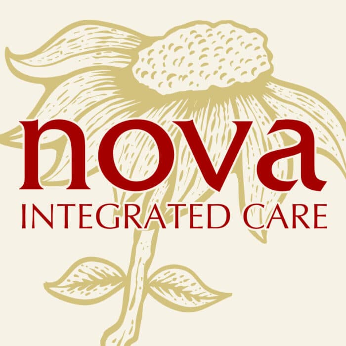 A stylized logo featuring the word "nova" in red overlaid on an illustrated beige flower, with the words "integrated care" in smaller capital letters below.