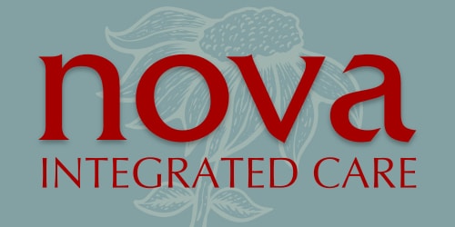 Logo of Nova Integrated Care with red text on a gray background featuring a floral design.