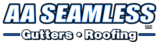 Logo for AA Seamless LLC with bold blue text reading “Gutters · Roofing” below the company name.