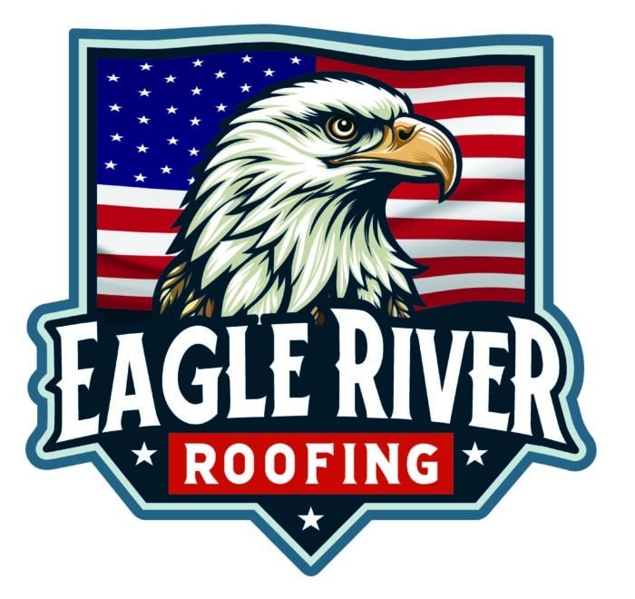 Logo of Eagle River Roofing features a detailed illustration of a bald eagle head in front of an American flag within a shield-shaped border.