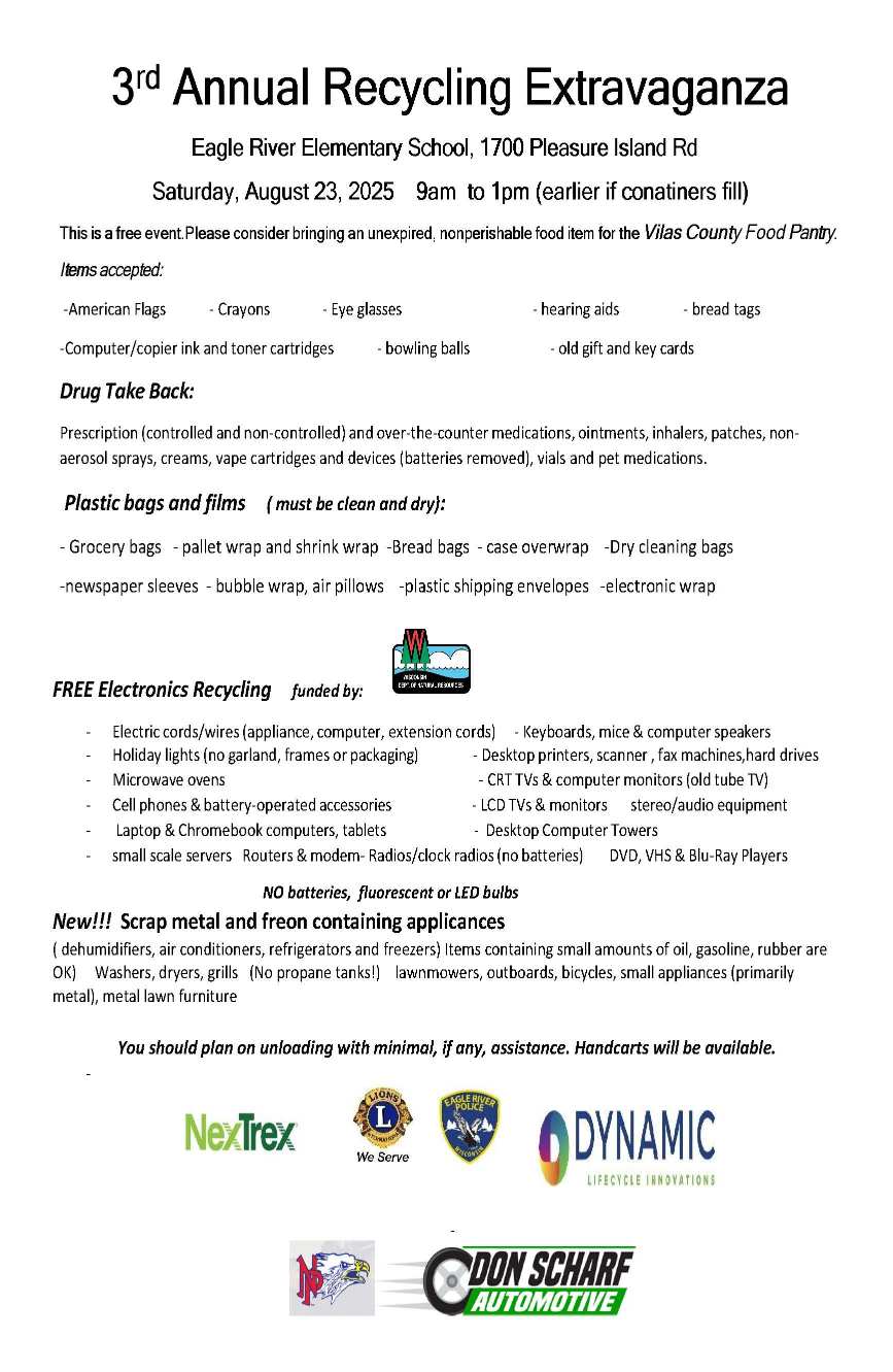 Event flyer for the 3rd Annual Recycling Extravaganza at Eagle River Elementary School; lists accepted items, guidelines, and sponsors. Event date: August 23, 2025, 9am-1pm.