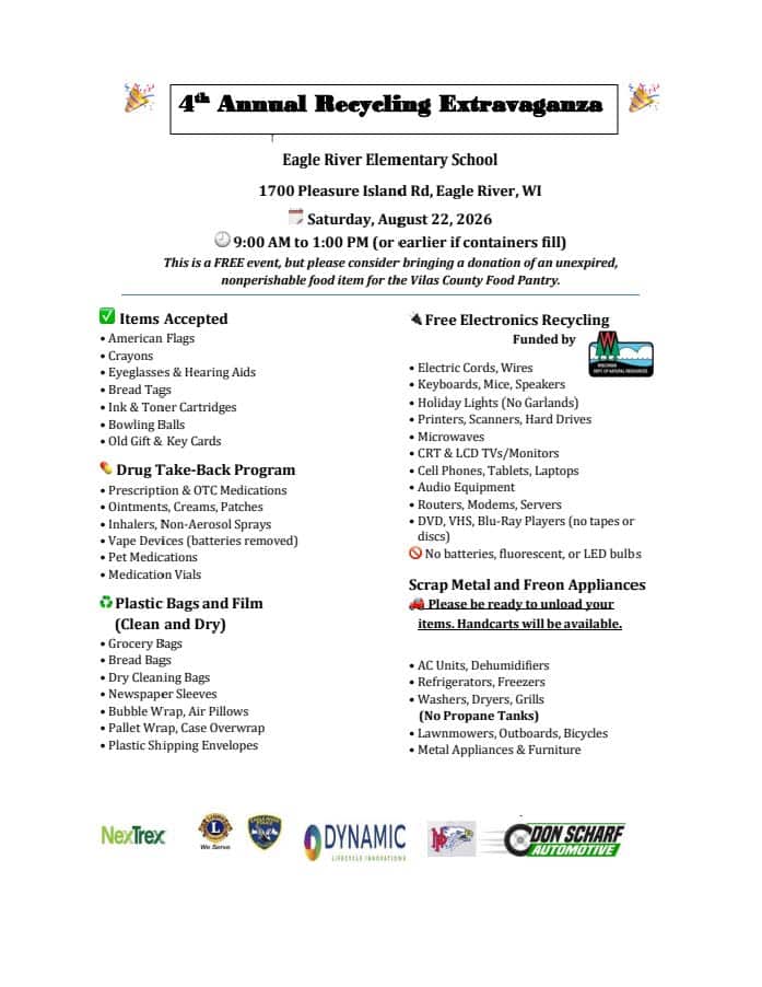 Flyer for the 4th Annual Recycling Extravaganza at Eagle River Elementary School on August 22, 2026, listing accepted items, sponsors, and event details with contact information.